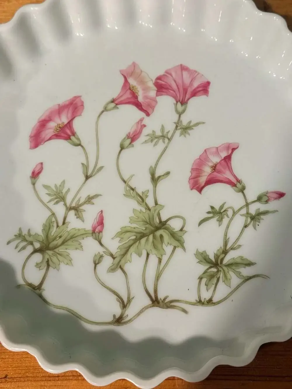 Pillivuyt France Porcelain Pink Morning Glory Floral Fluted Tart Quiche Pie Dish